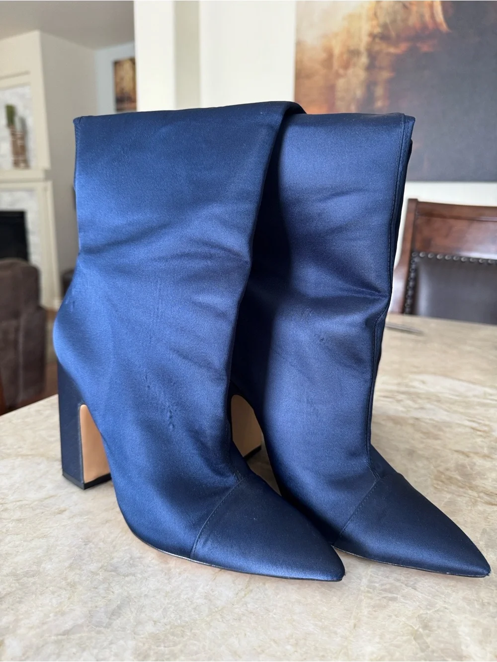 Zara Satin Navy Over-the-Knee Pointed Toe Block Heel Boots